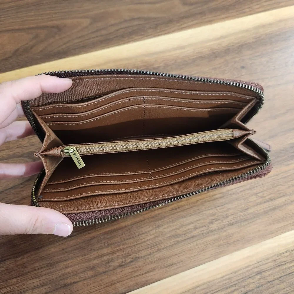 Fossil Tiegan Wallet Womens Brown Leather Zip Around Accordion Clutch Organizer